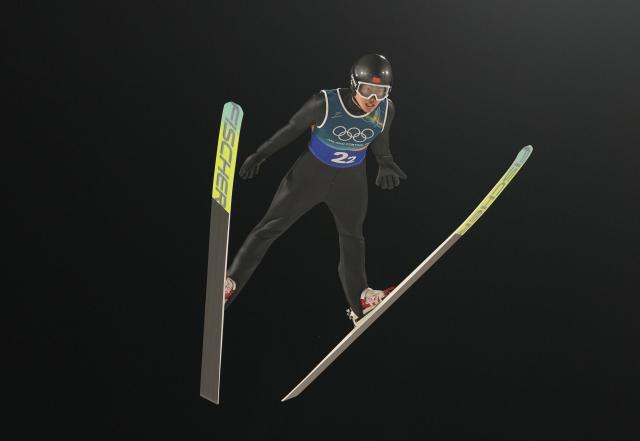 (260217) -- PREDAZZO, Feb. 17, 2026 (Xinhua) -- Zhao Jiawen of China competes during the first round of the ski jumping men's super team event at the Milan-Cortina 2026 Olympic Winter Games in Predazzo, Italy, Feb. 16, 2026. (Xinhua/Meng Yongmin)