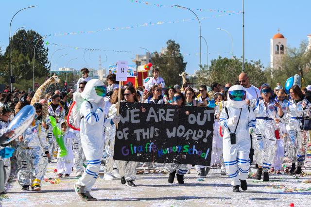 (260217) -- BEIJING, Feb. 17, 2026 (Xinhua) -- People in costumes take part in the Nicosia Carnival parade in Nicosia, Cyprus on Feb. 15, 2026. (Photo by George Christophorou/Xinhua)
