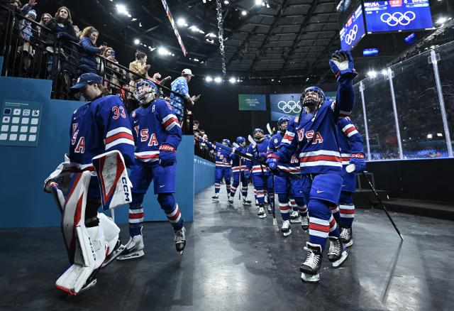 (260217) -- MILAN, Feb. 17, 2026 (Xinhua) -- Players of the United States leave the rink after winning the Play-offs Semifinals match between the United States and Sweden of Ice hockey Women at the Milan-Cortina 2026 Olympic Winter Games in Milan, Italy, Feb. 16, 2026. (Xinhua/Zhang Haofu)