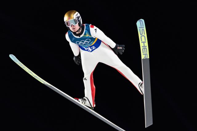 (260217) -- PREDAZZO, Feb. 17, 2026 (Xinhua) -- Kristoffer Eriksen Sundal of Norway competes during the second round of the ski jumping men's super team event at the Milan-Cortina 2026 Olympic Winter Games in Predazzo, Italy, Feb. 16, 2026. (Xinhua/Huang Wei)