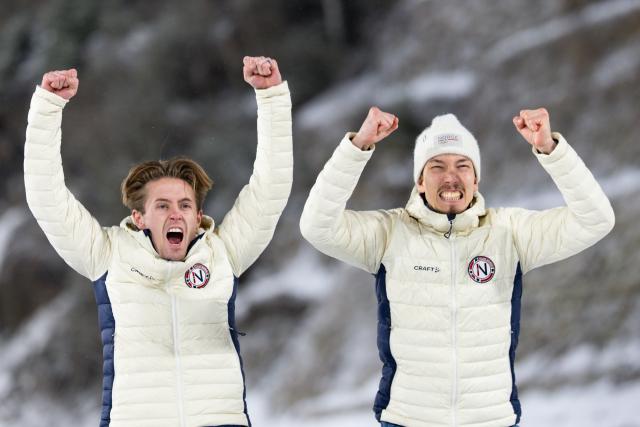 (260217) -- PREDAZZO, Feb. 17, 2026 (Xinhua) -- Bronze medalist Team Norway celebrate on the podium after the ski jumping men's super team event at the Milan-Cortina 2026 Olympic Winter Games in Predazzo, Italy, Feb. 16, 2026. (Xinhua/Huang Wei)