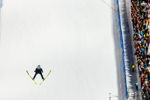(260217) -- PREDAZZO, Feb. 17, 2026 (Xinhua) -- Kristoffer Eriksen Sundal of Norway competes during the trial round of the ski jumping men's super team event at the Milan-Cortina 2026 Olympic Winter Games in Predazzo, Italy, Feb. 16, 2026. (Xinhua/Huang Wei)