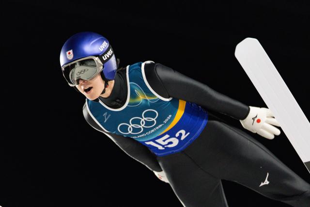 (260217) -- PREDAZZO, Feb. 17, 2026 (Xinhua) -- Kobayashi Ryoyu of Japan competes during the second round of the ski jumping men's super team event at the Milan-Cortina 2026 Olympic Winter Games in Predazzo, Italy, Feb. 16, 2026. (Xinhua/Huang Wei)