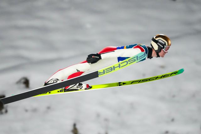 (260217) -- PREDAZZO, Feb. 17, 2026 (Xinhua) -- Kristoffer Eriksen Sundal of Norway competes during the first round of the ski jumping men's super team event at the Milan-Cortina 2026 Olympic Winter Games in Predazzo, Italy, Feb. 16, 2026. (Xinhua/Huang Wei)