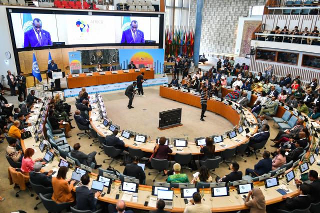 (260217) -- ADDIS ABABA, Feb. 17, 2026 (Xinhua) -- This photo taken on Feb. 16, 2026 shows a scene of the 9th Africa Business Forum 2026 at the UN Conference Center in Addis Ababa, Ethiopia. TO GO WITH "African leaders urge transforming continent's potential into bankable projects at Africa Business Forum" (Photo by Michael Tewelde/Xinhua)