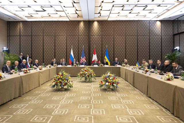 (260217) -- GENEVA, Feb. 17, 2026 (Xinhua) -- This photo taken on Feb. 17, 2026 shows the scene of trilateral talks among Ukraine, the United States and Russia in Geneva, Switzerland. A new round of trilateral talks among Ukraine, the United States and Russia began in Geneva on Tuesday.
   The two-day negotiations, held behind closed doors, are expected to address territorial issues, military matters, political and economic concerns, as well as security arrangements, Russia's state news agency TASS reported. (Photo by Beatrice Devenes/The Swiss Federal Department of Foreign Affairs/Handout via Xinhua)