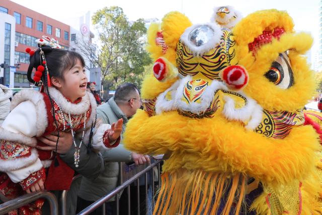 (260217) -- BEIJING, Feb. 17, 2026 (Xinhua) -- A child interacts with lion dance performers in Hai'an, east China's Jiangsu Province, Feb. 17, 2026. This year's Spring Festival saw a surge of visitors eager to experience local cuisine, rich history and vibrant folk performances. (Photo by Gu Binbin/Xinhua)