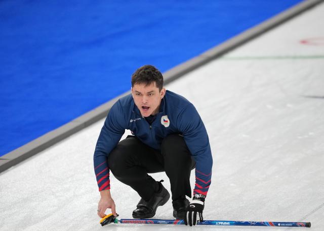 (260217) -- CORTINA D'AMPEZZO, Feb. 17, 2026 (Xinhua) -- Lukas Klima of the Czech Republic competes during the curling men's round robin session 9 match between Germany and the Czech Republic at the 2026 Milan-Cortina Winter Olympics in Cortina, Italy, Feb. 17, 2026. (Xinhua/Li Gang)
