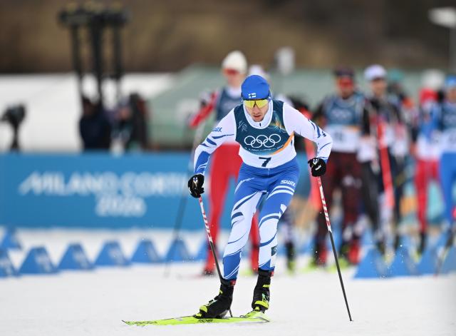(260217) -- TESERO, Feb. 17, 2026 (Xinhua) -- Ilkka Herola of Finland competes during the cross-country event of Nordic Combined Individual Gundersen Large Hill/10km at the Milan-Cortina 2026 Olympic Winter Games in Tesero, Italy, Feb. 17, 2026. (Xinhua/He Canling)