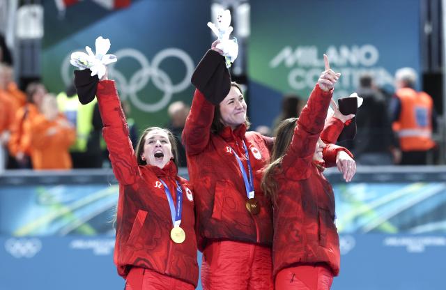 (260217) -- MILAN, Feb. 17, 2026 (Xinhua) -- Gold medalists Ivanie Blondin, Valerie Maltais and Isabelle Weidemann of Canada celebrate during the awarding ceremony of the speed skating women's team pursuit event at the Milan-Cortina 2026 Olympic Winter Games in Milan, Italy, Feb. 17, 2026. (Xinhua/Li Jing)