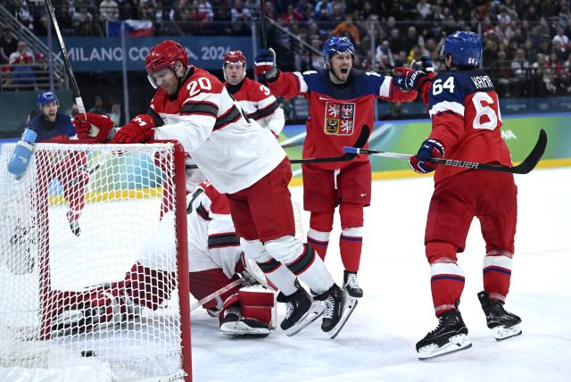 (260217) -- MILAN, Feb. 17, 2026 (Xinhua) -- David Kampf (R) of the Czech Republic celebrates scoring with teammates during the ice hockey men's qualification play-off match between the Czech Republic and Denmark at the Milan-Cortina 2026 Olympic Winter Games in Milan, Italy, Feb. 17, 2026. (Xinhua/Zhang Haofu)
