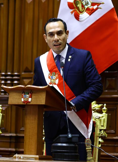 (260217) -- LIMA, Feb. 17, 2026 (Xinhua) -- File photo taken on Oct. 10, 2025 shows Jose Jeri speaking after he was sworn in as the country's president during a ceremony at the country's Congress in Lima, Peru. Peru's Congress approves motion to impeach President Jeri, Feb. 17, 2026. (Peru's Congress/Handout via Xinhua)