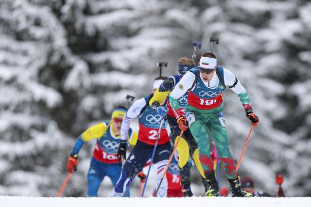 (260217) -- ANTERSELVA, Feb. 17, 2026 (Xinhua) -- Blagoy Todev (front) of Bulgaria competes during the biathlon men's 4x7.5km relay at the 2026 Milan-Cortina Winter Olympics in Anterselva, Italy, Feb. 17, 2026. (Xinhua/Zhang Tao)
