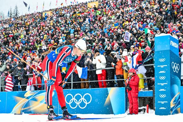 (260217) -- ANTERSELVA, Feb. 17, 2026 (Xinhua) -- Vetle Sjaastad Christiansen of Norway crosses the finish line during the biathlon men's 4x7.5km relay at the 2026 Milan-Cortina Winter Olympics in Anterselva, Italy, Feb. 17, 2026. (Xinhua/Jiang Han)