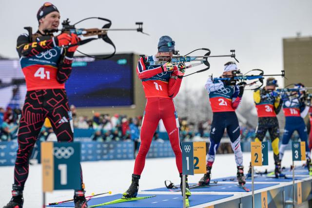 (260217) -- ANTERSELVA, Feb. 17, 2026 (Xinhua) -- Martin Uldal (2nd L) of Norway competes during the biathlon men's 4x7.5km relay at the 2026 Milan-Cortina Winter Olympics in Anterselva, Italy, Feb. 17, 2026. (Xinhua/Jiang Han)