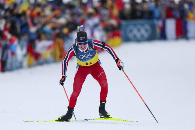 (260217) -- ANTERSELVA, Feb. 17, 2026 (Xinhua) -- Sturla Holm Laegreid of Norway competes during the biathlon men's 4x7.5km relay at the 2026 Milan-Cortina Winter Olympics in Anterselva, Italy, Feb. 17, 2026. (Xinhua/Zhang Tao)