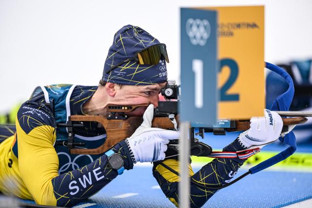 (260217) -- ANTERSELVA, Feb. 17, 2026 (Xinhua) -- Martin Ponsiluoma of Sweden competes during the biathlon men's 4x7.5km relay at the 2026 Milan-Cortina Winter Olympics in Anterselva, Italy, Feb. 17, 2026. (Xinhua/Jiang Han)