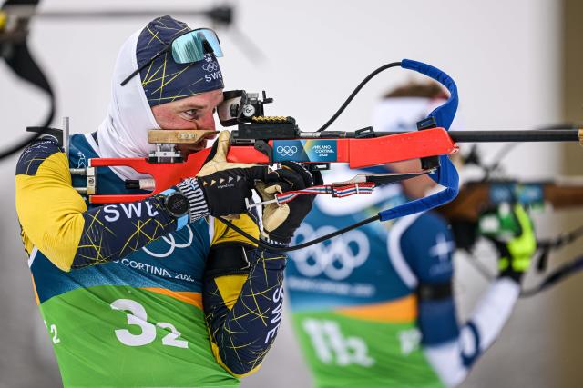 (260217) -- ANTERSELVA, Feb. 17, 2026 (Xinhua) -- Jesper Nelin of Sweden competes during the biathlon men's 4x7.5km relay at the 2026 Milan-Cortina Winter Olympics in Anterselva, Italy, Feb. 17, 2026. (Xinhua/Jiang Han)