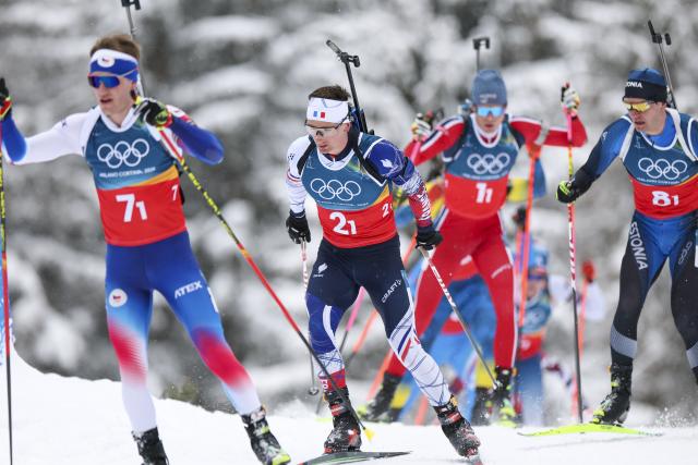 (260217) -- ANTERSELVA, Feb. 17, 2026 (Xinhua) -- Fabien Claude (2nd L) of France competes during the biathlon men's 4x7.5km relay at the 2026 Milan-Cortina Winter Olympics in Anterselva, Italy, Feb. 17, 2026. (Xinhua/Zhang Tao)