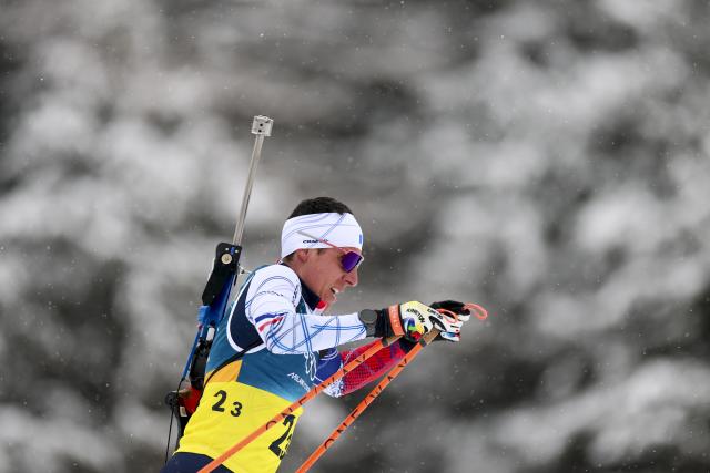 (260217) -- ANTERSELVA, Feb. 17, 2026 (Xinhua) -- Quentin Fillon Maillet of France competes during the biathlon men's 4x7.5km relay at the 2026 Milan-Cortina Winter Olympics in Anterselva, Italy, Feb. 17, 2026. (Xinhua/Zhang Tao)