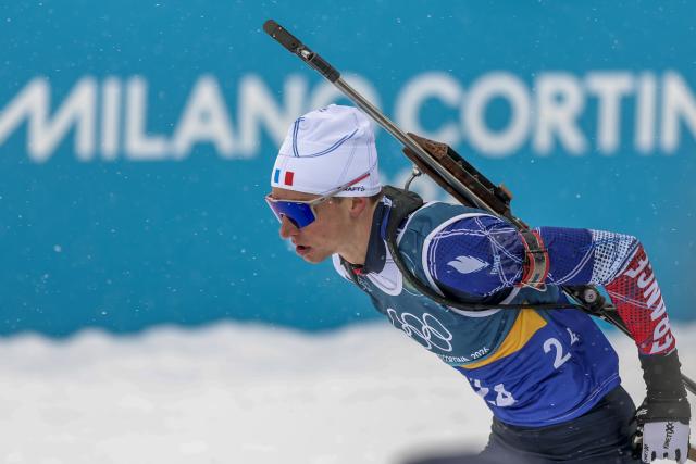(260217) -- ANTERSELVA, Feb. 17, 2026 (Xinhua) -- Eric Perrot of France competes during the biathlon men's 4x7.5km relay at the 2026 Milan-Cortina Winter Olympics in Anterselva, Italy, Feb. 17, 2026. (Xinhua/Zhang Tao)