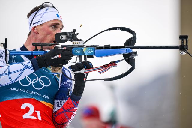 (260217) -- ANTERSELVA, Feb. 17, 2026 (Xinhua) -- Fabien Claude of France competes during the biathlon men's 4x7.5km relay at the 2026 Milan-Cortina Winter Olympics in Anterselva, Italy, Feb. 17, 2026. (Xinhua/Jiang Han)