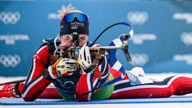 (260217) -- ANTERSELVA, Feb. 17, 2026 (Xinhua) -- Johan-olav Botn of Norway competes during the biathlon men's 4x7.5km relay at the 2026 Milan-Cortina Winter Olympics in Anterselva, Italy, Feb. 17, 2026. (Xinhua/Jiang Han)