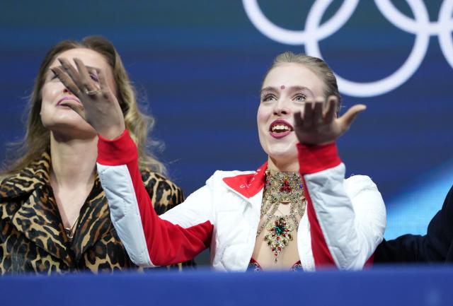 (260217) -- MILAN, Feb. 17, 2026 (Xinhua) -- Anastasiia Gubanova of Georgia reacts after the short program match of figure skating women single skating at the Milan-Cortina 2026 Olympic Winter Games in Milan, Italy, Feb. 17, 2026. (Xinhua/Xue Yuge)