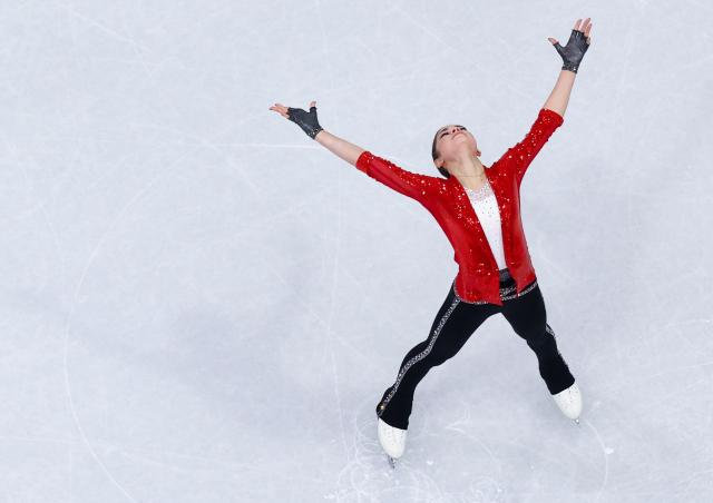 (260217) -- MILAN, Feb. 17, 2026 (Xinhua) -- Individual neutral athlete Adeliia Petrosian reacts after the short program match of figure skating women single skating at the Milan-Cortina 2026 Olympic Winter Games in Milan, Italy, Feb. 17, 2026. (Xinhua/Chen Yichen)