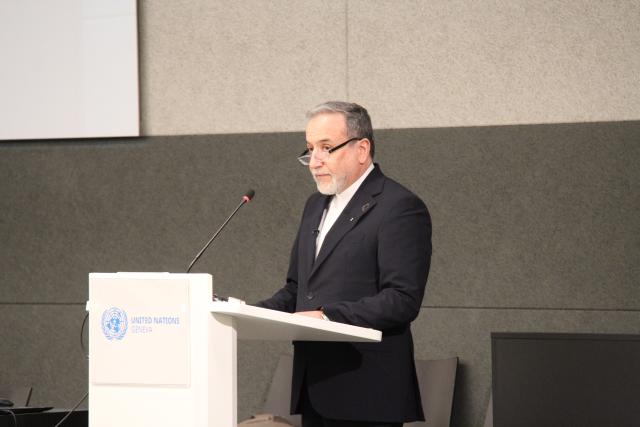 (260217) -- GENEVA, Feb. 17, 2026 (Xinhua) -- Iranian Foreign Minister Seyed Abbas Araghchi addresses a UN disarmament conference in Geneva, Switzerland, Feb. 17, 2026. (Xinhua/Shi Song)