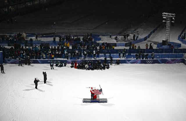 (260218) -- LIVIGNO, Feb. 18, 2026 (Xinhua) -- Gold medalist Tormod Frostad (C) of Norway, silver medalist Mac Forehand (R) of the United States and bronze medalist Matej Svancer of Austria celebrate on the podium during the victory ceremony for Freestyle Skiing Men's Freeski Big Air at the Milan-Cortina 2026 Olympic Winter Games in Livigno, Italy, Feb. 17, 2026. (Xinhua/Xia Yifang)