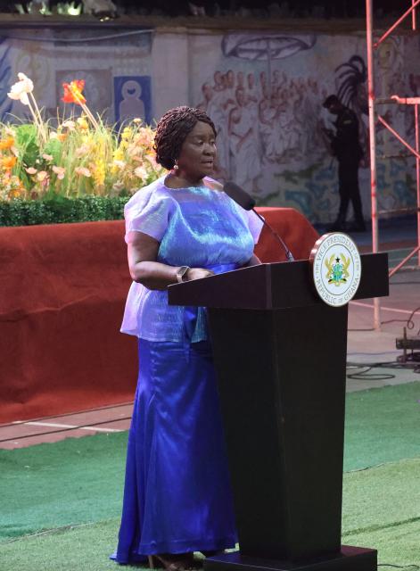 (260218) -- TEMA, Feb. 18, 2026 (Xinhua) -- Ghanaian Vice President Jane Naana Opoku-Agyemang speaks during a gala marking the Chinese New Year in Tema, Greater Accra Region, Ghana, Feb. 16, 2026. TO GO WITH "Ghanaian VP celebrates Spring Festival, praises Ghana-China ties" (Photo by Seth/Xinhua)
