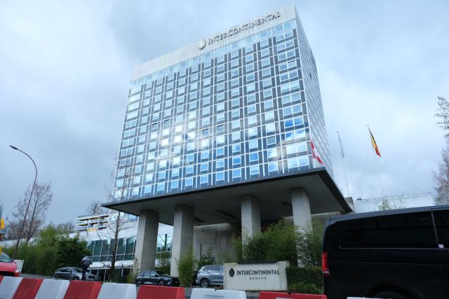 (260218) -- BEIJING, Feb. 18, 2026 (Xinhua) -- This photo taken on Feb. 17, 2026 shows the site for a new round of trilateral talks among Ukraine, the United States and Russia, in Geneva, Switzerland. The first day of a new round of trilateral talks among Ukraine, the United States and Russia concluded here on Tuesday, with negotiations set to continue on Wednesday. (Xinhua/Ma Ruxuan)