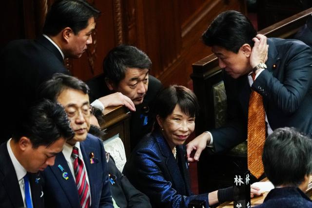 (260218) -- TOKYO, Feb. 18, 2026 (Xinhua) -- Sanae Takaichi (2nd R) attends Japan's prime ministerial designation vote in the House of Representatives in Tokyo, Japan, Feb. 18, 2026. Sanae Takaichi, president of Japan's ruling Liberal Democratic Party, was elected as the country's 105th prime minister on Wednesday by lawmakers in parliament. (Xinhua/Jia Haocheng)
