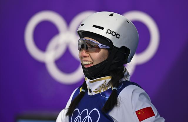 (260218) -- LIVIGNO, Feb. 18, 2026 (Xinhua) -- Shao Qi of China reacts during the freestyle skiing women's aerials qualification 1 at the Milan-Cortina 2026 Olympic Winter Games in Livigno, Italy, Feb. 18, 2026. (Xinhua/Zhang Hongxiang)