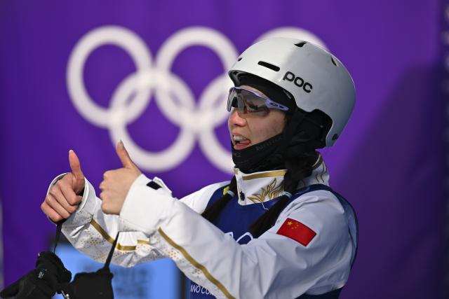(260218) -- LIVIGNO, Feb. 18, 2026 (Xinhua) -- Shao Qi of China reacts during the freestyle skiing women's aerials qualification 1 at the Milan-Cortina 2026 Olympic Winter Games in Livigno, Italy, Feb. 18, 2026. (Xinhua/Zhang Hongxiang)
