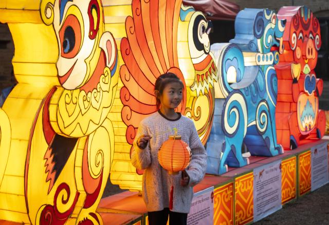 (260218) -- LALITPUR, Feb. 18, 2026 (Xinhua) -- A child poses for a photo with light installations at a lantern festival marking the Chinese New Year in Lalitpur, Nepal, Feb. 17, 2026. (Photo by Hari Maharjan/Xinhua)