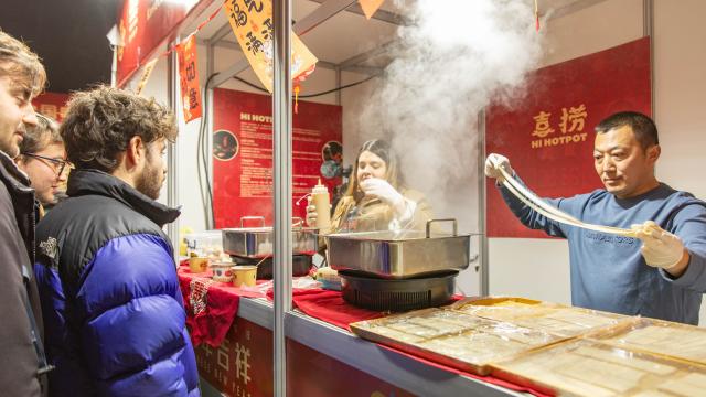 (260218) -- BELGRADE, Feb. 18, 2026 (Xinhua) -- People line up to taste Chinese food during an event celebrating the Spring Festival in Belgrade, Serbia, Feb. 16, 2026. A series of events celebrating the Spring Festival were held here on Monday and Tuesday, creating a festive atmosphere and attracting thousands of local residents and members from the Chinese community. (Photo by Wang Wei/Xinhua)