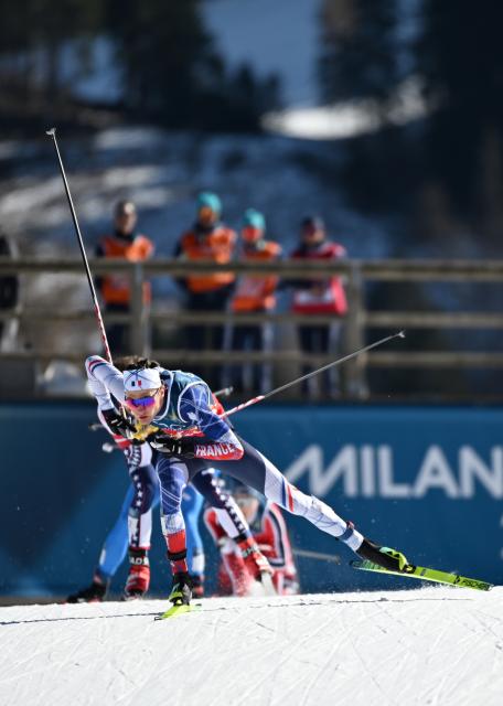 (260218) -- TESERO, Feb. 18, 2026 (Xinhua) -- Mathis Desloges of France competes during the cross-country skiing men's team sprint free final at the Milan-Cortina 2026 Olympic Winter Games in Tesero, Italy, Feb. 18, 2026. (Xinhua/He Canling)