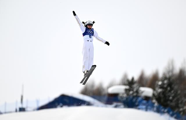 (260218) -- LIVIGNO, Feb. 18, 2026 (Xinhua) -- Shao Qi of China competes during the freestyle skiing women's aerials final 1 at the Milan-Cortina 2026 Olympic Winter Games in Livigno, Italy, Feb. 18, 2026. (Xinhua/Zhang Hongxiang)