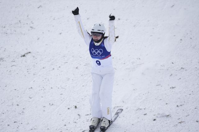 (260218) -- LIVIGNO, Feb. 18, 2026 (Xinhua) -- Shao Qi of China reacts during the freestyle skiing women's aerials final 1 at the Milan-Cortina 2026 Olympic Winter Games in Livigno, Italy, Feb. 18, 2026. (Xinhua/Hu Chao)