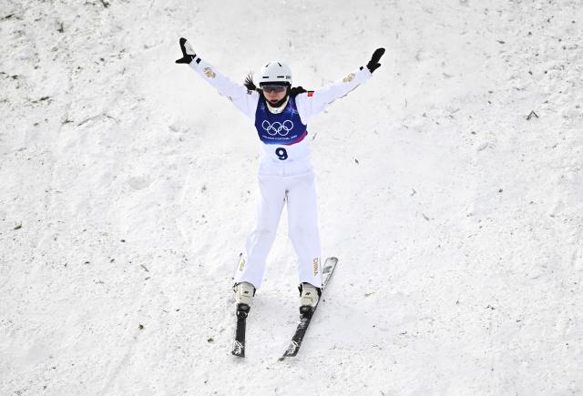 (260218) -- LIVIGNO, Feb. 18, 2026 (Xinhua) -- Shao Qi of China competes during the freestyle skiing women's aerials final 1 at the Milan-Cortina 2026 Olympic Winter Games in Livigno, Italy, Feb. 18, 2026. (Xinhua/Zhang Hongxiang)