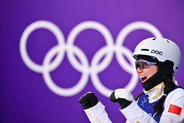 (260218) -- LIVIGNO, Feb. 18, 2026 (Xinhua) -- Shao Qi of China reacts during the freestyle skiing women's aerials final 1 at the Milan-Cortina 2026 Olympic Winter Games in Livigno, Italy, Feb. 18, 2026. (Xinhua/Zhang Hongxiang)