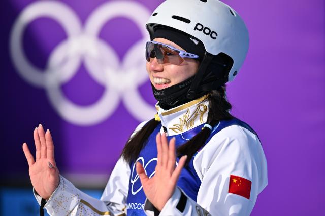 (260218) -- LIVIGNO, Feb. 18, 2026 (Xinhua) -- Shao Qi of China reacts during the freestyle skiing women's aerials final 2 at the Milan-Cortina 2026 Olympic Winter Games in Livigno, Italy, Feb. 18, 2026. (Xinhua/Zhang Hongxiang)