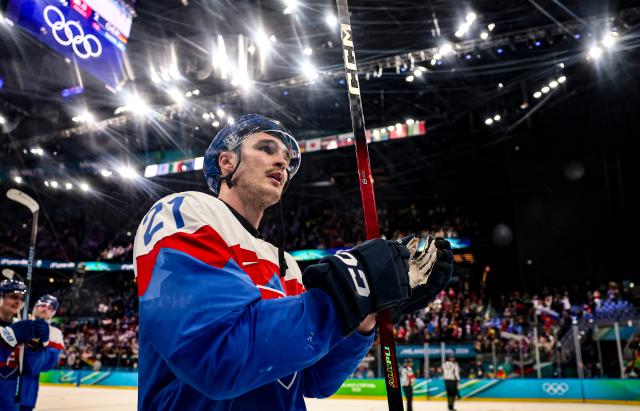(260218) -- MILAN, Feb. 18, 2026 (Xinhua) -- Adam Ruzicka of Slovakia reacts after the ice hockey men's play-offs quarterfinal between the Slovakia and Germany at the Milan-Cortina 2026 Olympic Winter Games in Milan, Italy, Feb. 18, 2026. (Xinhua/Wang Kaiyan)