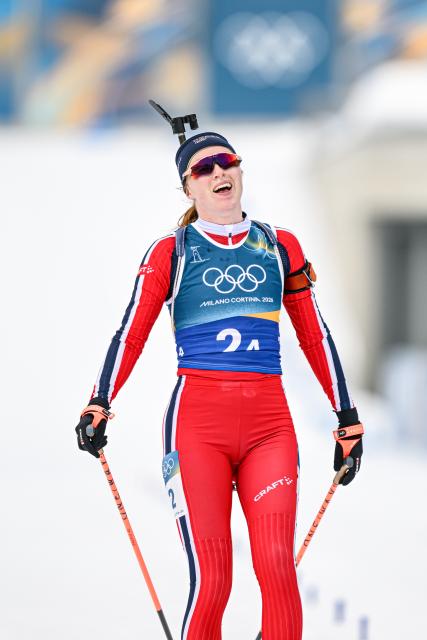 (260218) -- ANTERSELVA, Feb. 18, 2026 (Xinhua) -- Maren Kirkeeide of Norway reacts after the biathlon women's 4x6km relay at the 2026 Milan-Cortina Winter Olympics in Anterselva, Italy, Feb. 18, 2026. (Xinhua/Jiang Han)