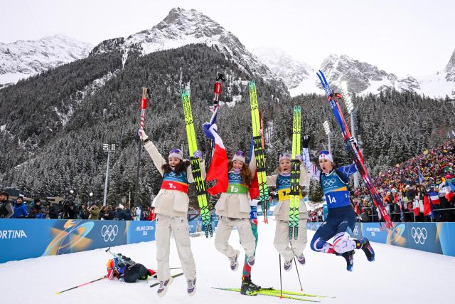 (260218) -- ANTERSELVA, Feb. 18, 2026 (Xinhua) -- Gold medalists of France celebrate after the biathlon women's 4x6km relay at the 2026 Milan-Cortina Winter Olympics in Anterselva, Italy, Feb. 18, 2026. (Xinhua/Jiang Han)