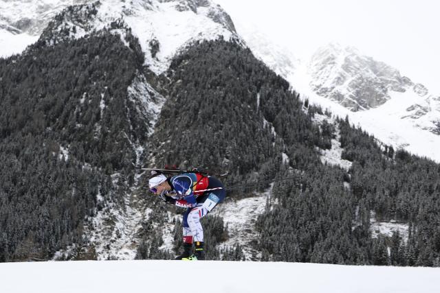 (260219) -- ANTERSELVA, Feb. 19, 2026 (Xinhua) -- Camille Bened of France competes during the biathlon women's 4x6km relay at the 2026 Milan-Cortina Winter Olympics in Anterselva, Italy, Feb. 18, 2026. (Xinhua/Zhang Tao)
