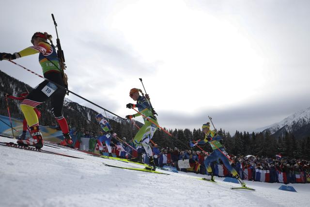 (260219) -- ANTERSELVA, Feb. 19, 2026 (Xinhua) -- Maya Cloetens (1st L) of Belgium, Lucie Charvatova (2nd L) of the Czech Republic, Anamarija Lampic (2nd R) of Slovenia and Yuliia Dzhima of Ukraine compete during the biathlon women's 4x6km relay at the 2026 Milan-Cortina Winter Olympics in Anterselva, Italy, Feb. 18, 2026. (Xinhua/Zhang Tao)