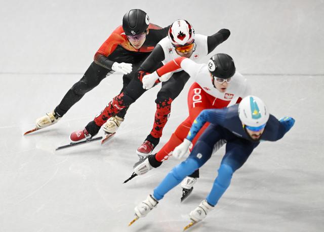 (260219) -- MILAN, Feb. 19, 2026 (Xinhua) -- Liu Shaoang (1st L) of China competes during the short track speed skating men's 500m final B at the Milan-Cortina 2026 Olympic Winter Games in Milan, Italy, Feb. 18, 2026. (Xinhua/Cheng Min)